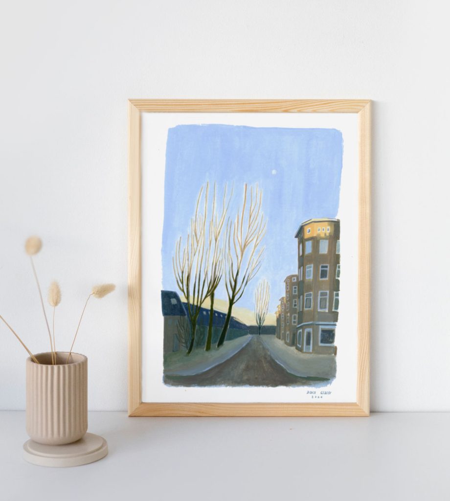 framed print of a painting of Bos en Lommer area in Amsterdam. Painted with gouache on paper.
