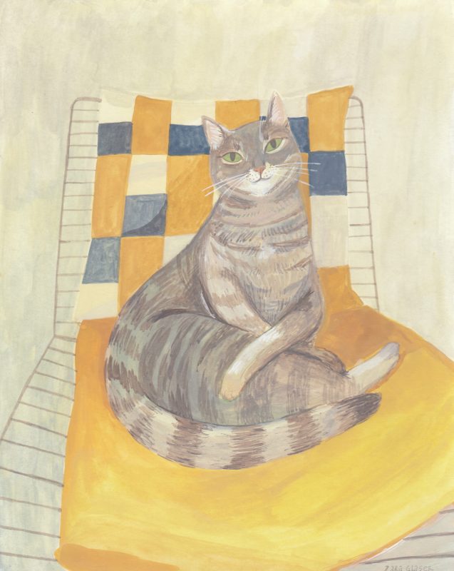 gouache painting pet portrait tabby cat on a wire chair with mustard blanket